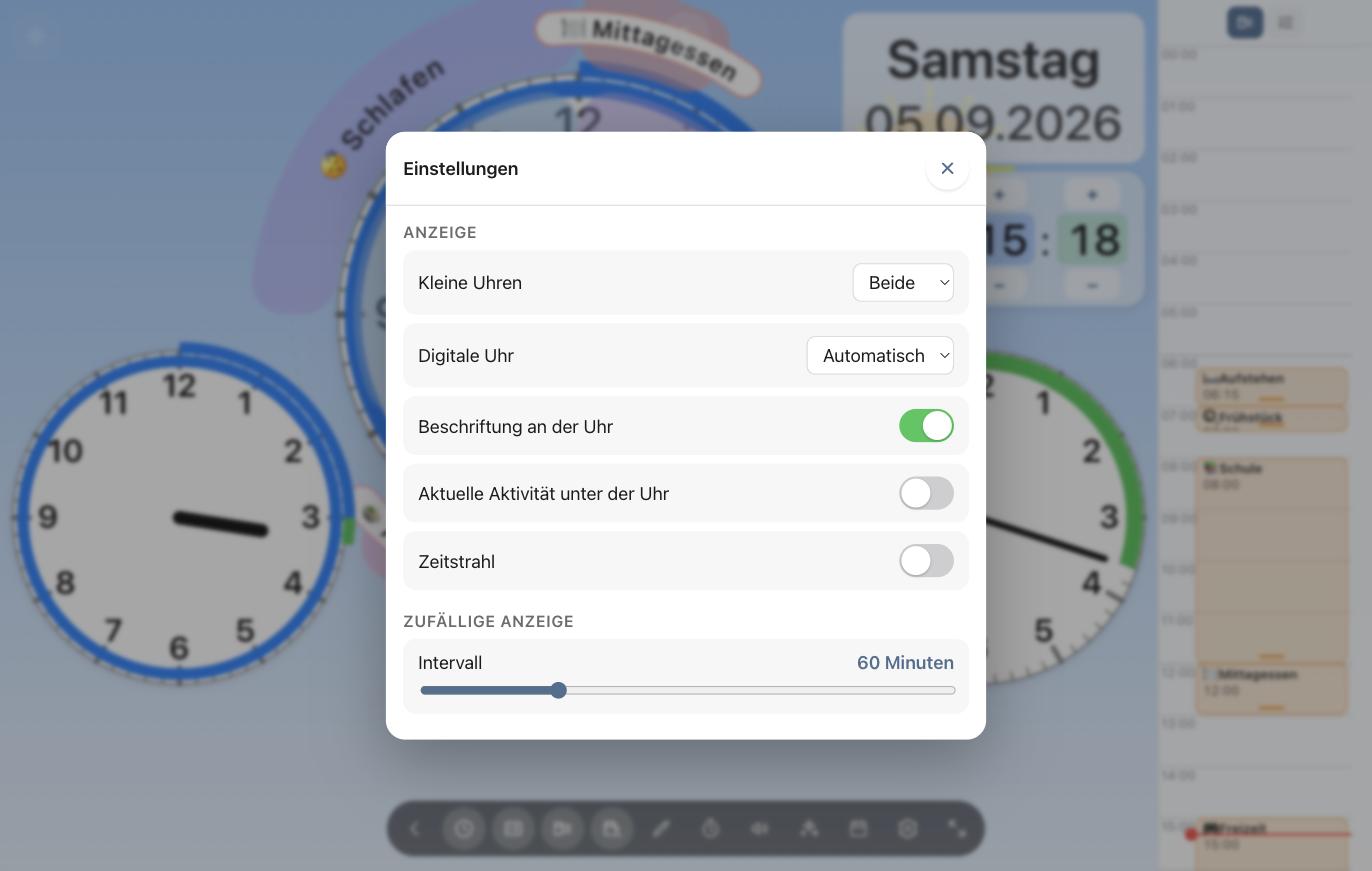 Einstellungen: kleine Uhren, Digitaluhr, Beschriftung, Zeitstrahl und Intervall der Zufallsanzeige.