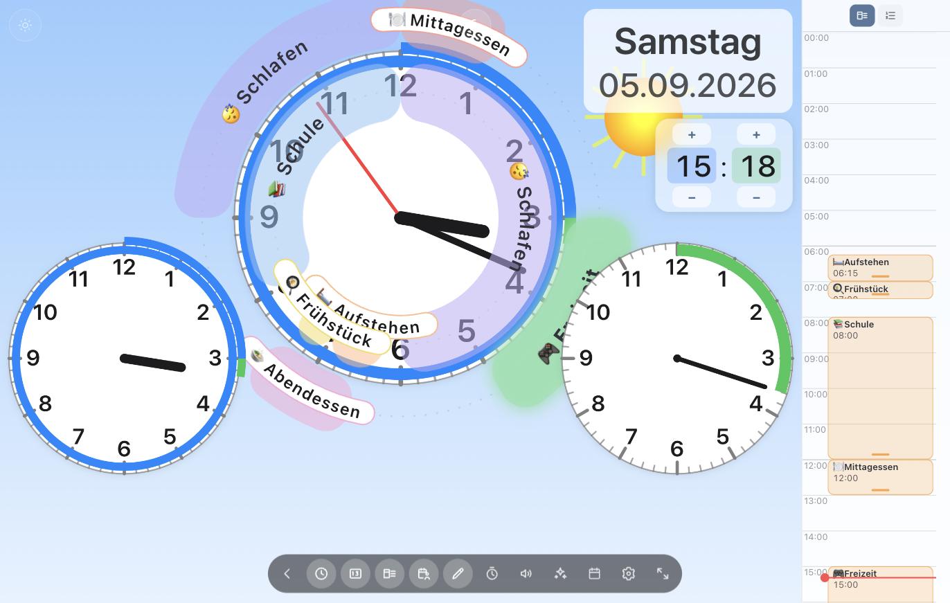 Stundenplan bearbeiten: Aktivitäten als Bögen um die Uhr, rechts die Tagesübersicht.